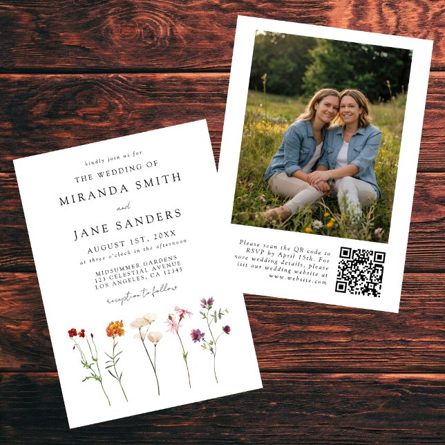 Lesbisk Blommigt QR-kod Foto Bröllop Inbjudningar (Skapare uppladdad)
