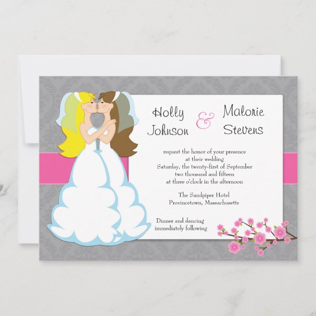 Lesbisk bröllopinbjudan för körsbärsröd blommar inbjudningar (Framsida)