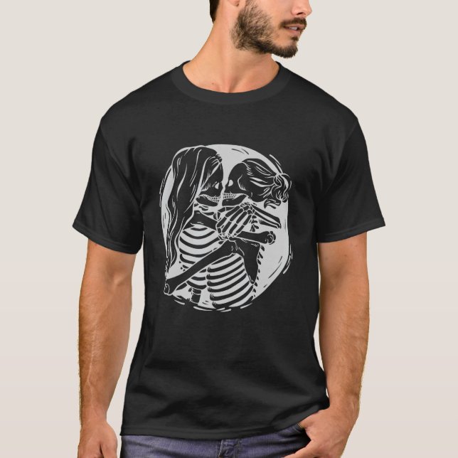 Lesbisk Ett par HBT-Pride Skeletons Kissing Valen T Shirt (Framsida)