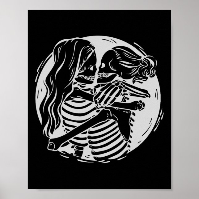 Lesbisk Ett par Lgbtq Pride Skeletons Kissing Vale Poster (Framsidan)
