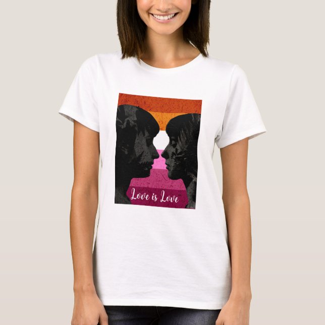 Lesbisk Flagga med två Woman Silhouettes T Shirt (Framsida)