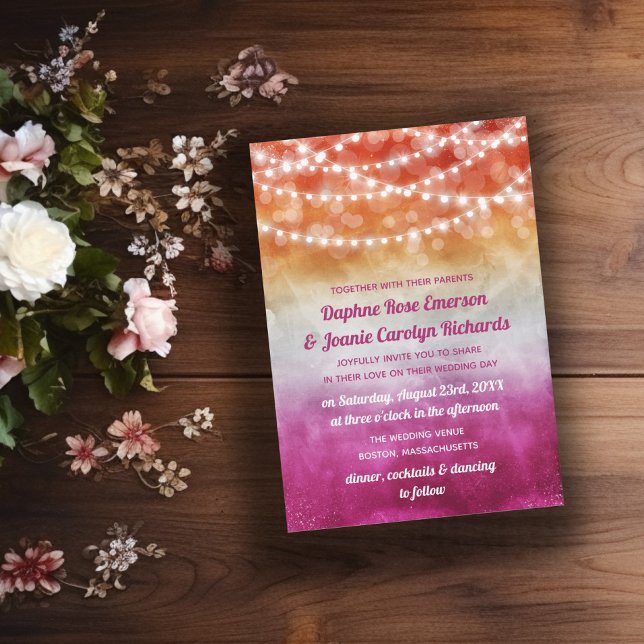 Lesbisk Flagga Ombre String Ljus Bröllop Inbjudningar (Skapare uppladdad)