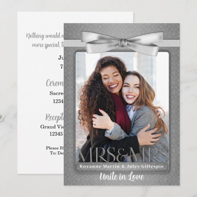 Lesbisk Gay bröllopsinbjudan två Brides Silver Inbjudningar (Fram/baksida)