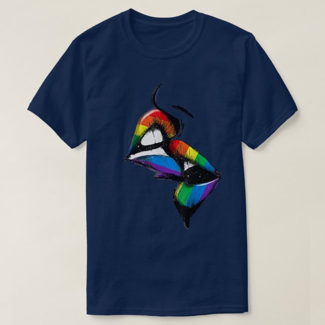Lesbisk Läppar Kissing Rainbow Flagga Gay pride HB T Shirt (Design framsida)