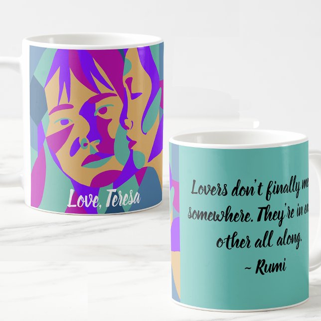 Lesbisk på alla hjärtans dag | Rumi Quote Kaffemugg (Colorful pop art image of two women with a touching Rumi quote.)