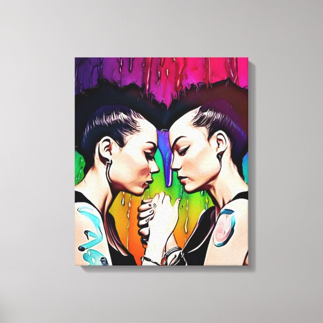 Lesbisk par Holding Händer Rainbow Art Canvastryck (Framsida)