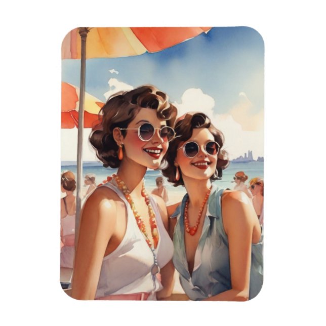 Lesbisk par vid Retro Sapphic Beach Party Magnet (Vertikal)