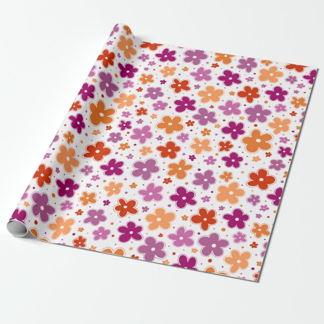 Lesbisk Pride Flagga Flowers Doodle Rosa Red Orang Presentpapper (Utrullad)