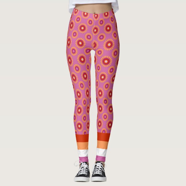 Lesbisk pride flagga/rosa blomma mönster leggings (Framsida)