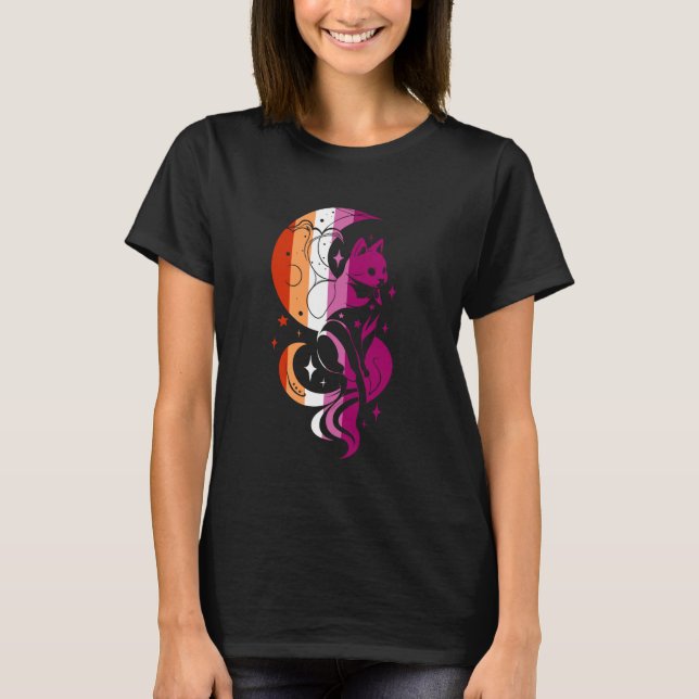 Lesbisk stolthet Celestial Katt Mån Mystisk Design T Shirt (Framsida)
