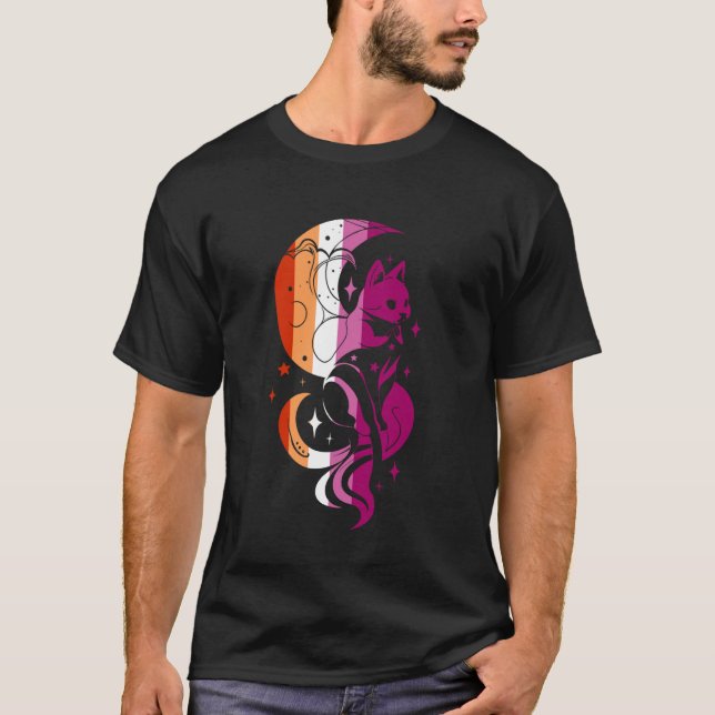 Lesbisk stolthet Celestial Katt Mån Mystisk Design T Shirt (Framsida)