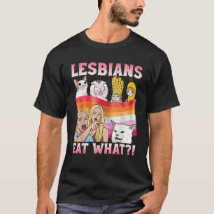 Lesbiska äter Vad Rolig Katt Meme med Pride Flagga T Shirt