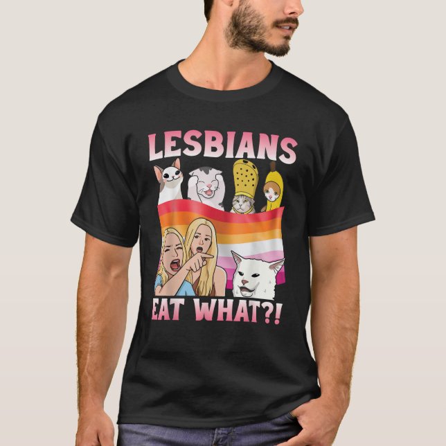 Lesbiska äter Vad Rolig Katt Meme med Pride Flagga T Shirt (Framsida)