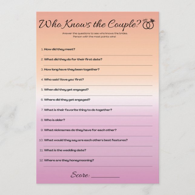 Lesbiskt Bröllopsspel, Vem känner paret bäst Inbjudningar (Framsida)