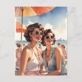 Lesbiskt par på retro-sapfisk strandfest vykort