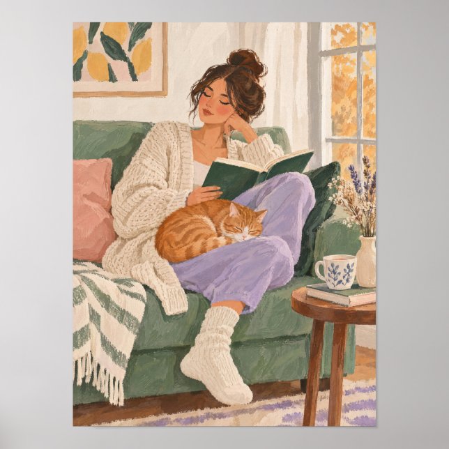 Lesende Frau mit Katze im Herbst – Poster (Framsidan)