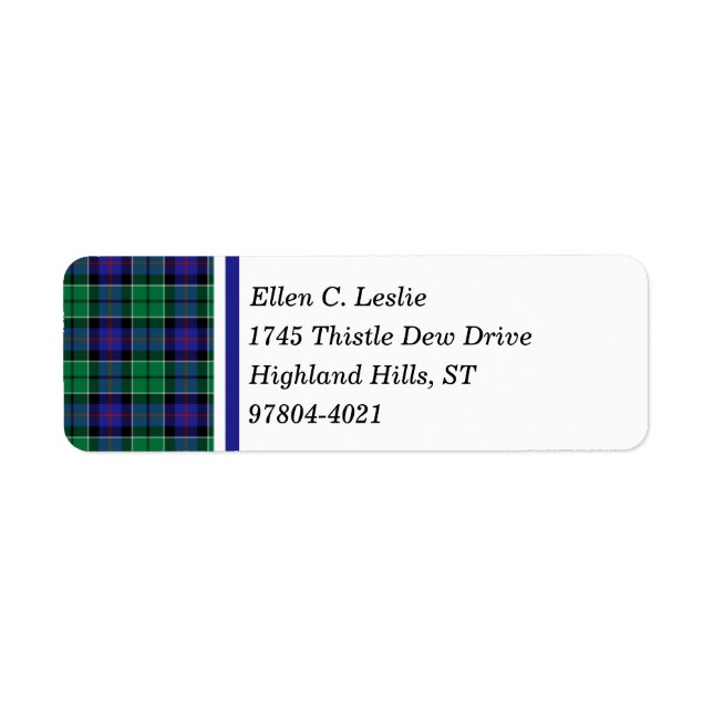 Leslie Klan Royal Blue och Grönt Scottish Tartan Returadress Etikett (Framsidan)