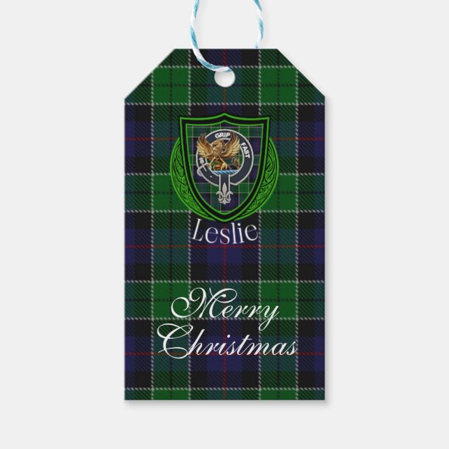 Leslie Scottish Clan Tartan & Crest Presentetikett (Framsidan)