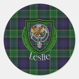 Leslie skotska klan tartan och vapensköld runt klistermärke