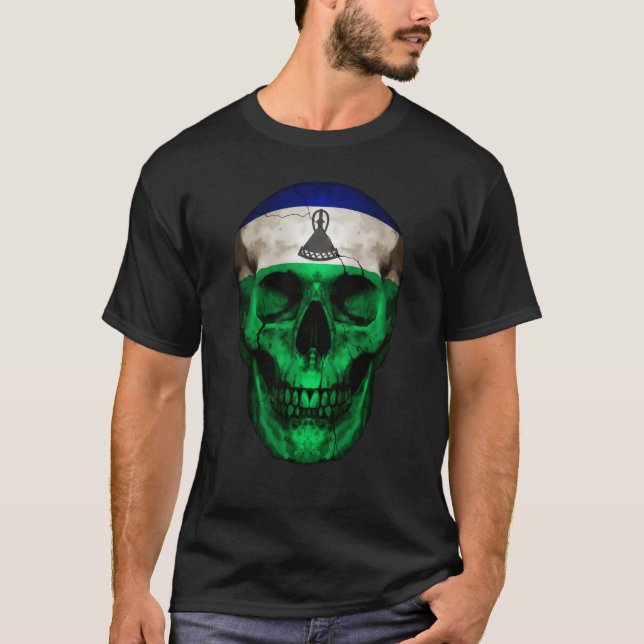 Lesotho Flag Skull Basotho Roots Proud Patriotic T Shirt (Framsida)