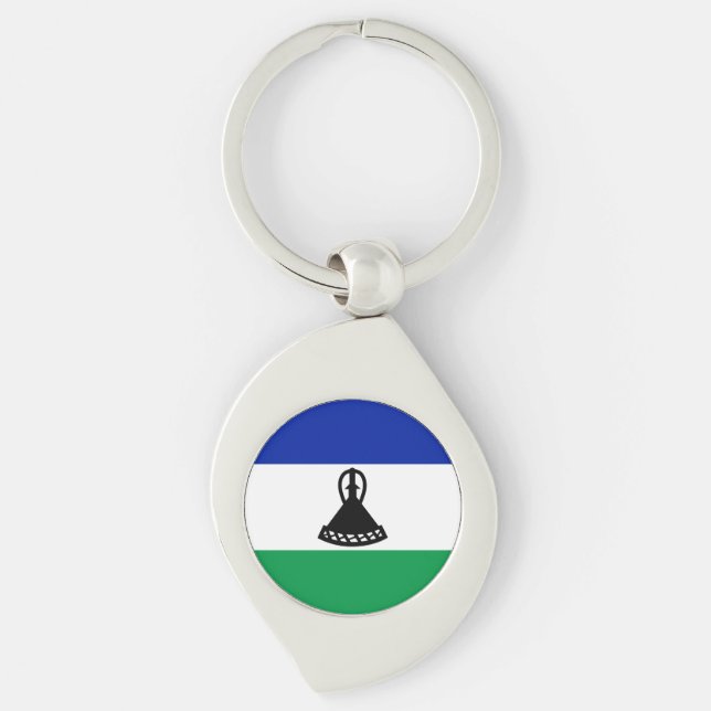 Lesotho Flagga Swirl Silverfärgad Nyckelring (Framsidan)