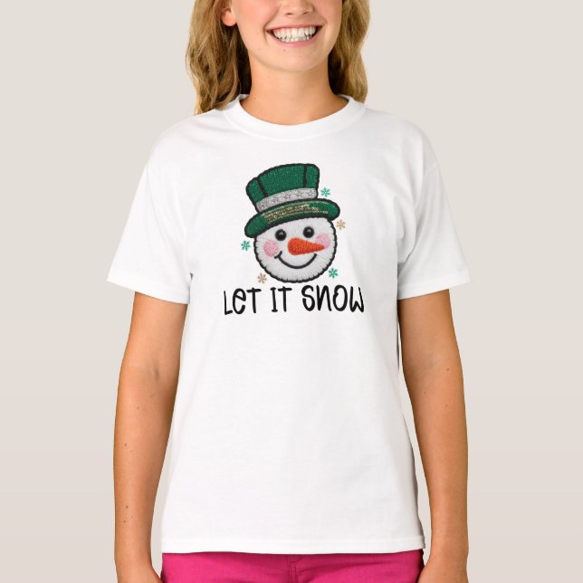 Let It Snow, Faux Crochet Snowman T Shirt (Framsida)