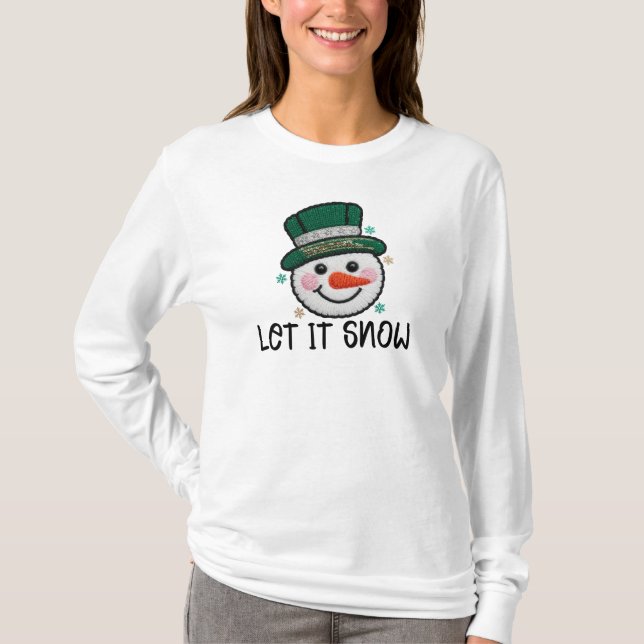 Let It Snow, Faux Crochet Snowman T Shirt (Framsida)