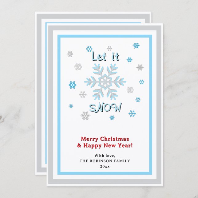 Let It Snow Gray Blue Snowflakes Red INSERT PHOTO Julkort (Fram/baksida)