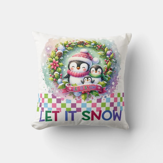 Let It Snow Penguin Family Christmas Pillow Kudde (Framsida)