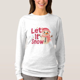 Let It Snow Women’s – Faux Embroidery Snowman T Shirt