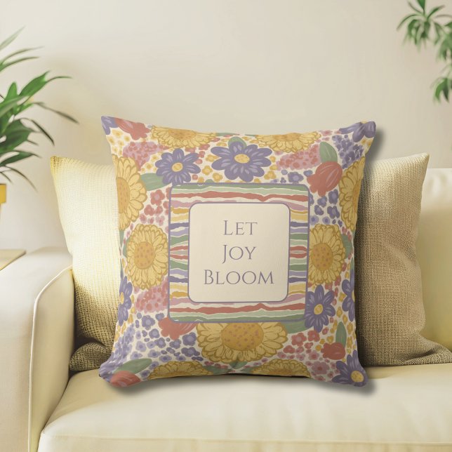 Let Joy Bloom Reversible Throw Pillow Kudde (Let Joy Bloom Reversible Throw Pillow – Editable Inspirational Quote – Floral Stripe Cottagecore Dec)