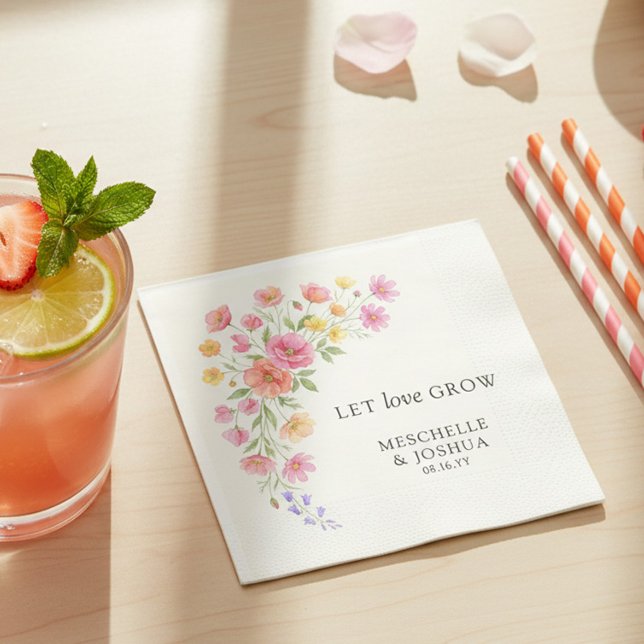 Let Love Grow Pink Orange Flowers Wedding Pappersservett (Let love Grow pretty napkins from the Wildflower Bloom wedding collection by Darling & May)