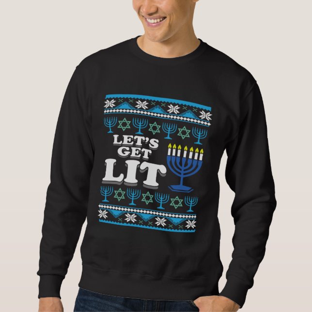 Let s Get Lit Jewish Ugly Hanukkah Christmas Lång Ärmad Tröja (Framsida)