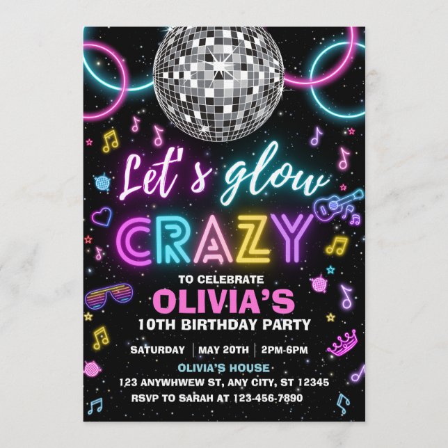 Let’s Glow Crazy disco party Inbjudningar (Framsida)