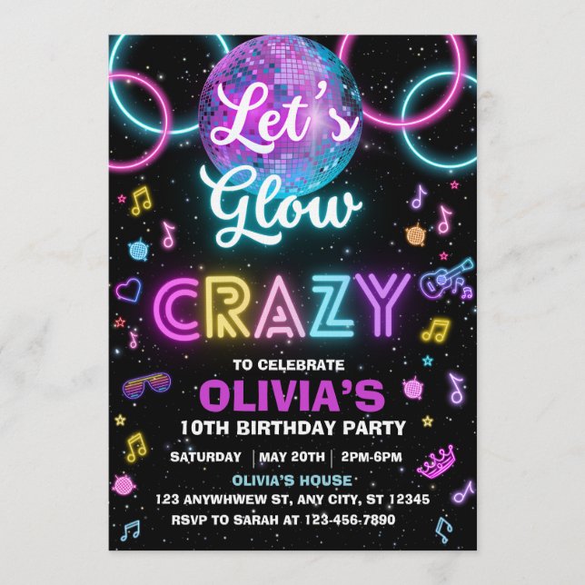 Let’s Glow Crazy disco party invite - disco ball  Inbjudningar (Framsida)