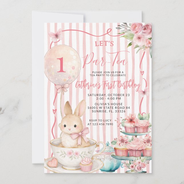 Let’s Par Tea Pink Striped Bunny Party Birthday Inbjudningar (Framsida)