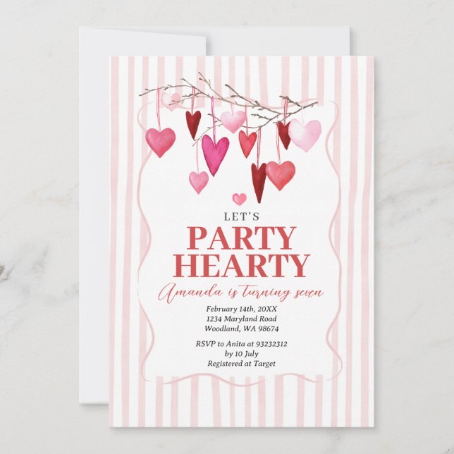 Let’s Party Hearty Pink Hearts Birthday Inbjudningar (Framsida)