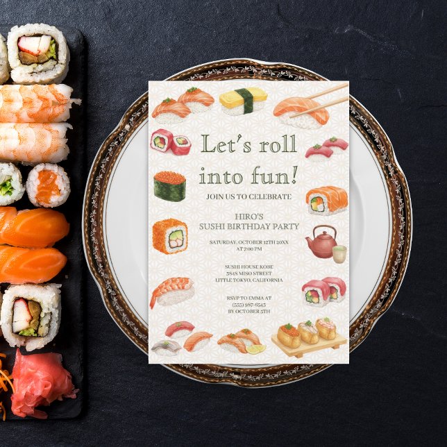 Let’s Roll into Fun! Sushi Birthday Party Invitati Inbjudningar (Skapare uppladdad)