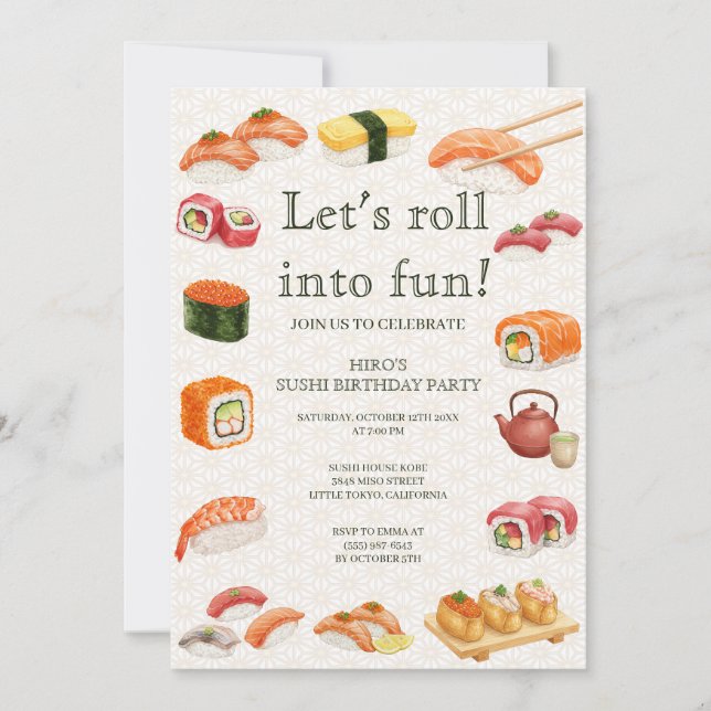 Let’s Roll into Fun! Sushi Birthday Party Invitati Inbjudningar (Framsida)
