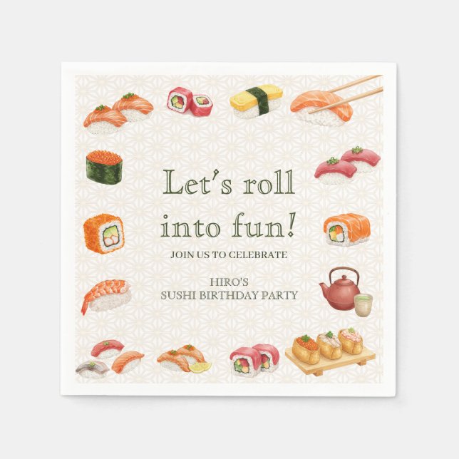 Let’s Roll into Fun! Sushi Birthday Party Invitati Pappersservett (Framsidan)