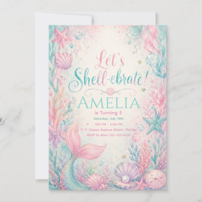Let’s Shell-ebrate Mermaid Invitation Editable Inbjudningar (Framsida)