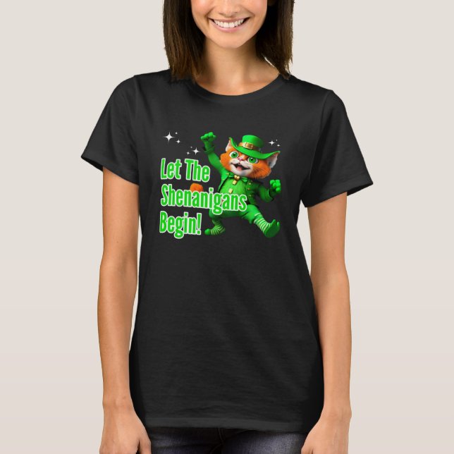 Let Shenanigans Begin Dancing Leprechaun Cat St Pa T Shirt (Framsida)