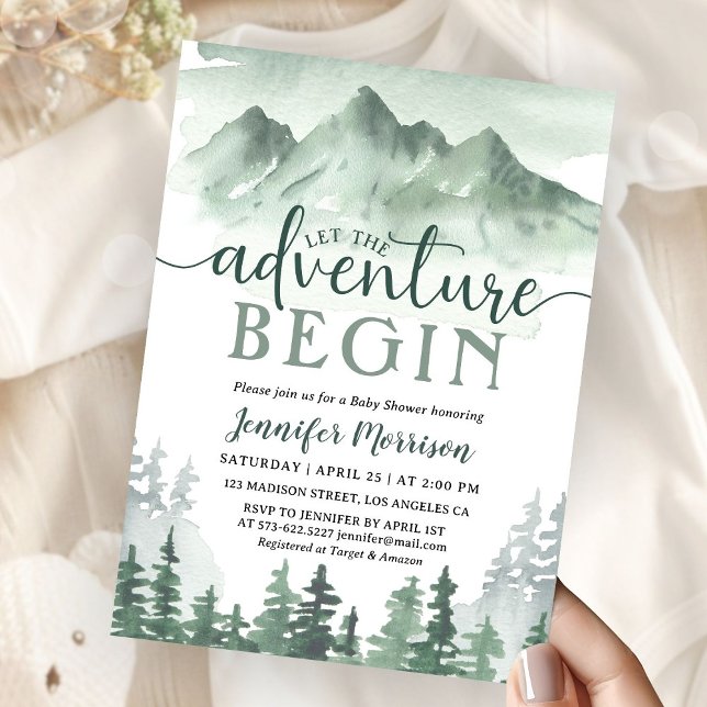 Let The Adventure Begin Baby Shower Green Mountain Inbjudningar (Skapare uppladdad)