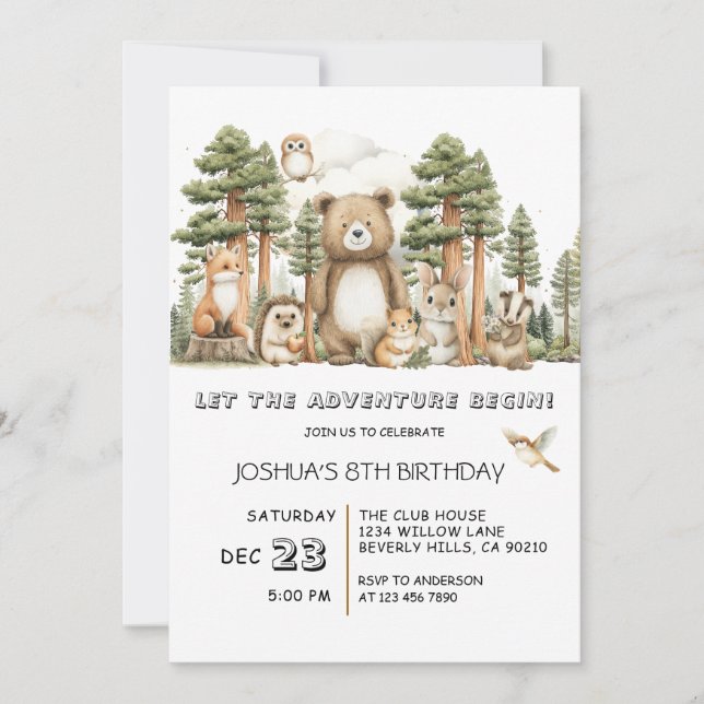 Let The Adventure Begin Woodland Animals Birthday Inbjudningar (Framsida)