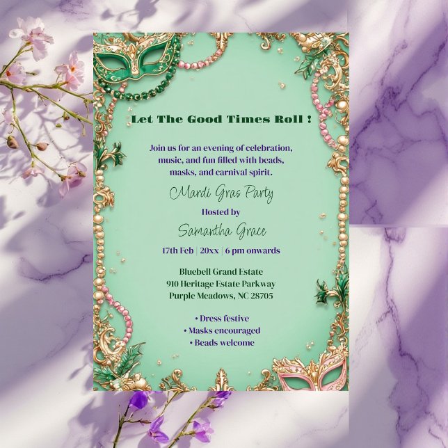 Let The Good Times Roll Mardi Gras Mask Beads Fun  Inbjudningar (Let The Good Times Roll Mardi Gras Mask Beads Fun Invitation)