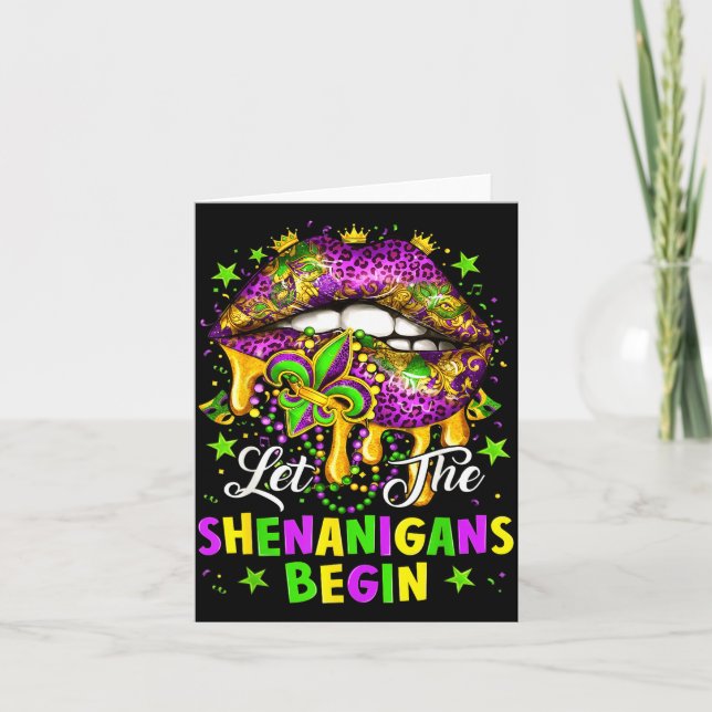 Let The Shenanigans Begin Mardi Gras Lips Girl Wom Kort (Framsida)