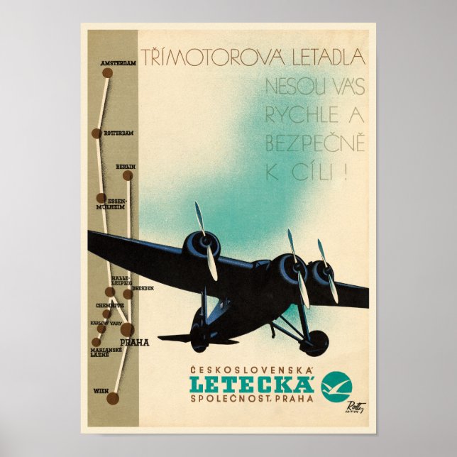Letecka Tjeckoslovakien Vintage affisch 1932 (Framsidan)