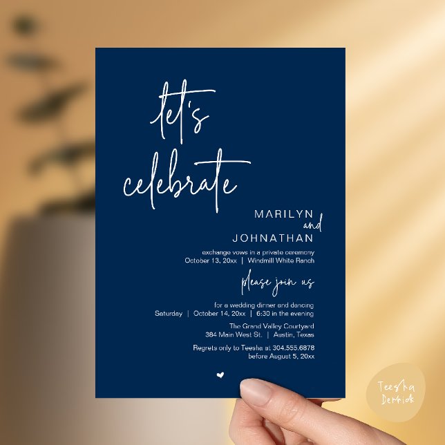 Let's Celebrate, Minimal Modern Wedding Reception Inbjudningar (Let's Celebrate, Modern Minimal Wedding Reception dinner dancing Invitation card navy blue)