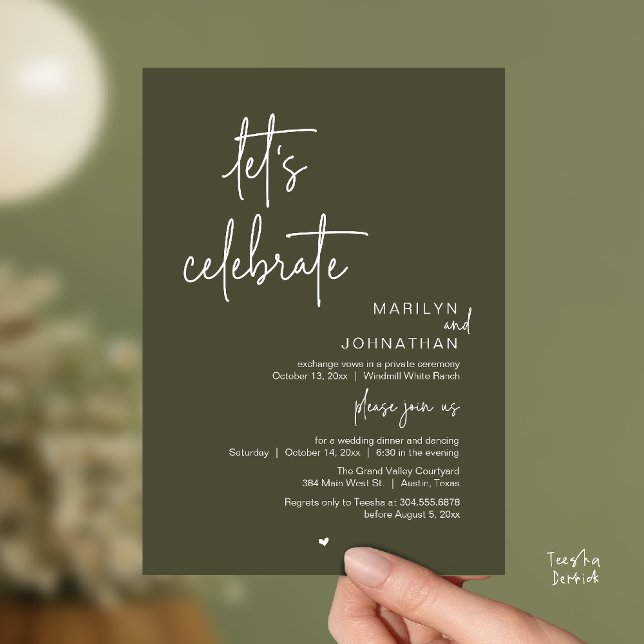 Let's Celebrate, Minimal Modern Wedding Reception Inbjudningar (Let's Celebrate, Modern Minimal Wedding Reception dinner dancing Invitation card olive green)