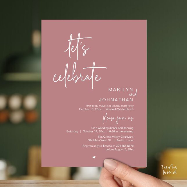 Let's Celebrate, Minimal Modern Wedding Reception Inbjudningar (Let's Celebrate, Modern Minimal Wedding Reception dinner dancing Invitation card dusty rose pink)
